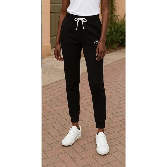 Calvin Klein Med Women Pants French Terry Iconic CK Logo Jogger Sweatpants Black - Picture 1 of 4